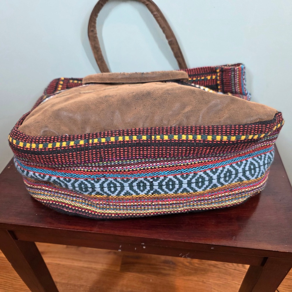 Toni Boho Woven Textile Suede Leather Trim Tote Shoulder Bag Multi-Color‎ Large - Picture 5 of 11